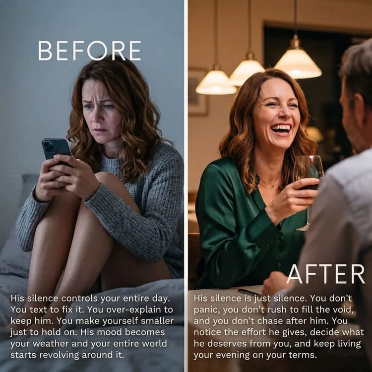 Before: a woman anxiously staring at her phone in bed. After: the same woman relaxed and laughing at dinner