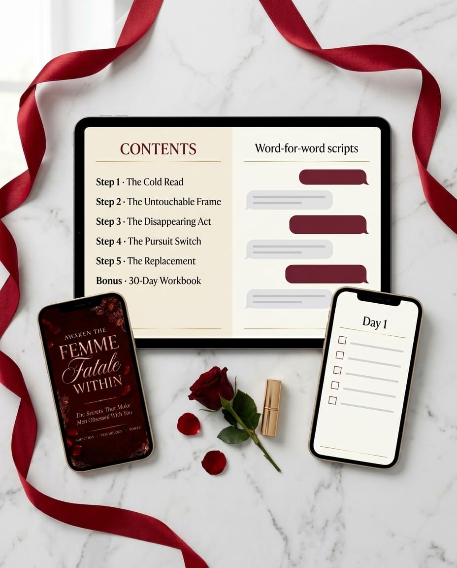 Inside Awaken The Femme Fatale Within: contents with the 5 steps, text message scripts and the 30-Day Workbook