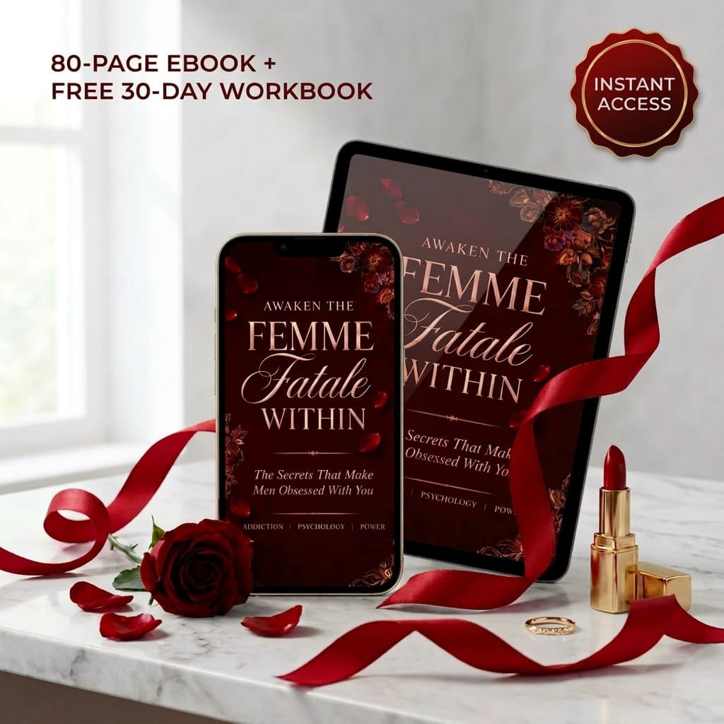Awaken The Femme Fatale Within eBook on a phone and tablet: 80-page eBook plus free 30-Day Workbook, instant access