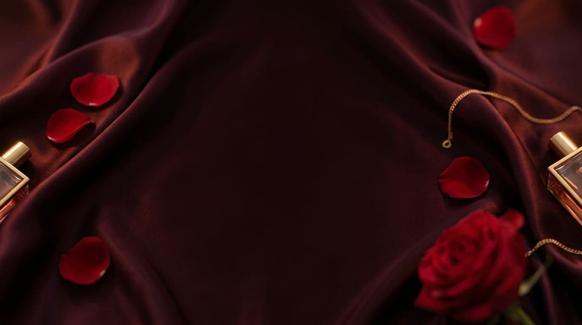 A luxurious dark burgundy satin fabric backdrop decorated with scattered red rose petals, a single red rose, and two gold perfume bottles, leaving a central empty space.