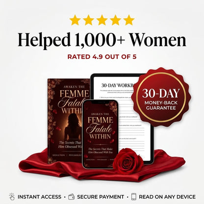 Awaken The Femme Fatale Within eBook and 30-Day Workbook on phone and tablet, with 30-day money-back guarantee